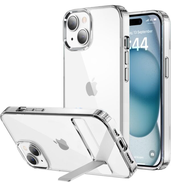 EGOTUDE Clear Transparent Polycarbonate Hard Back Cover Case with Stand for iPhone 15 & iPhone 14