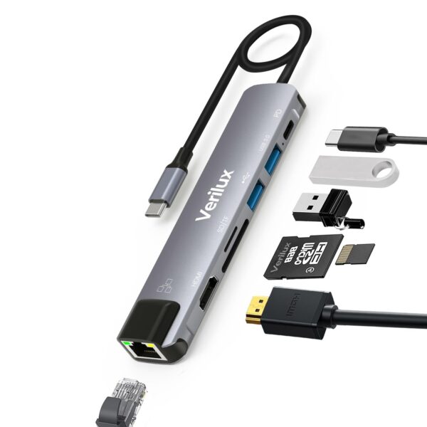 Verilux® USB C Hub with Ethernet RJ45 7 in 1 USB Type C Hub with 4K HDMI Power Delivery SD/TF Card Reader Multi USB Port for Laptop with USB Hub 3.0 for...