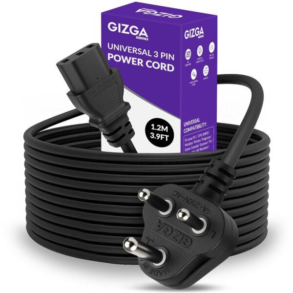 Gizga Essentials Universal 3 Pin Power Cord (1.2M) ISI Certified Heavy Duty Power Supply Cable